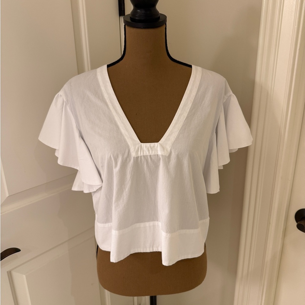 MAEVE ANTHROPOLOGIE | White Cotton Poplin Flutter Sleeve Pullover Blouse - Picture 7 of 11